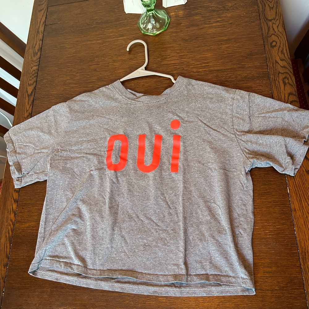 Clare V. Le Carre Tee Grey Crop Top with Poppy Red Oui